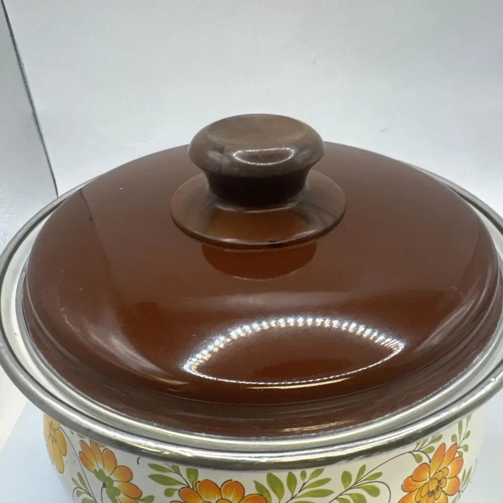Vintage Enamel Floral 3-Pc Frying Pan Saucepan & Lid Set, Electric/Gas